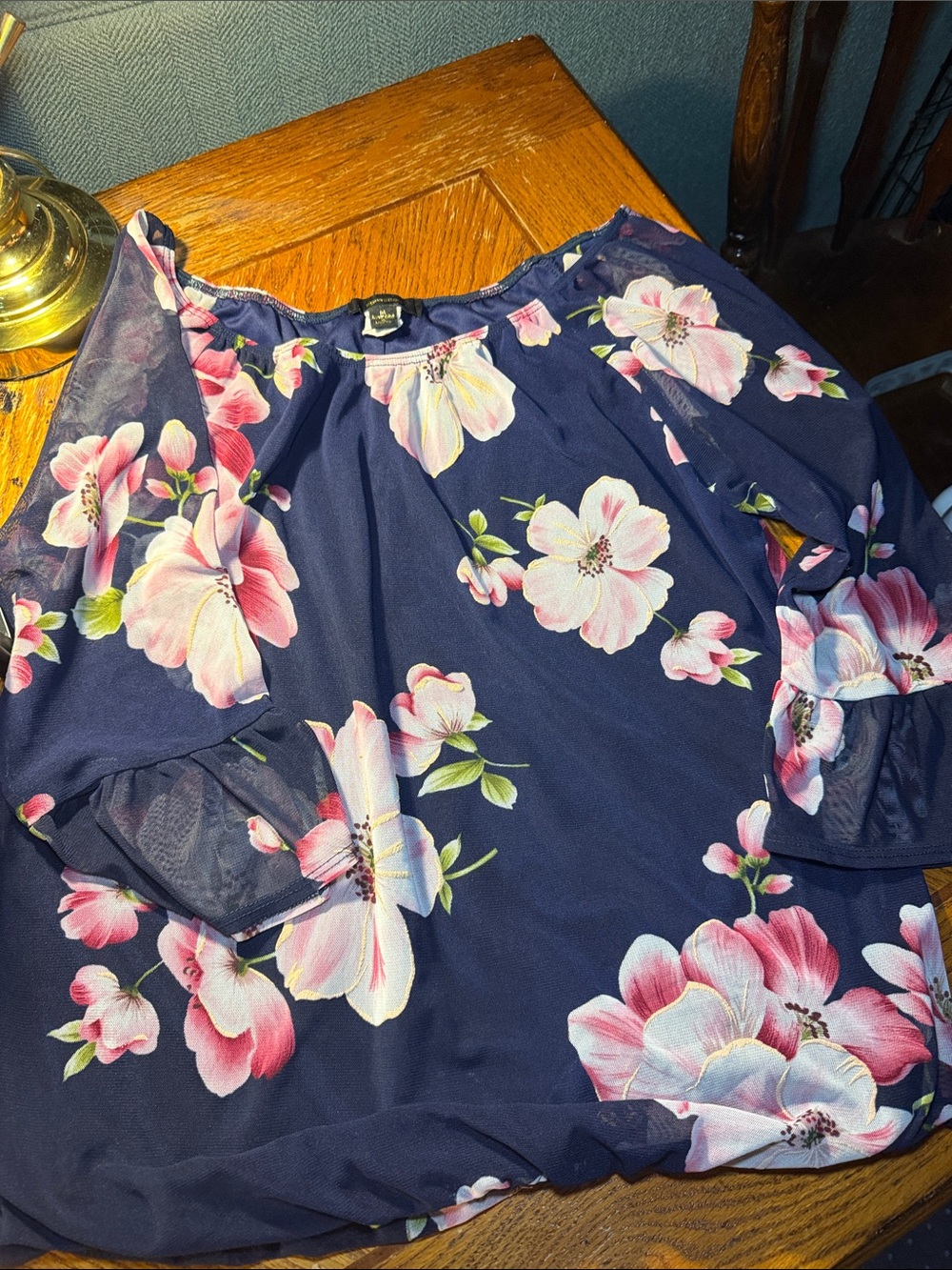 Navy Floral Off-Shoulder Blouse with Pink Blossom Print